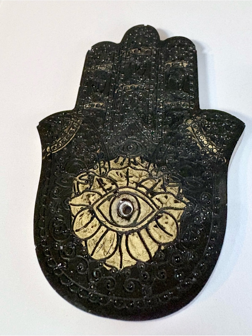 Black Hamsa Hand Incense Holder with Gold Eye Motif